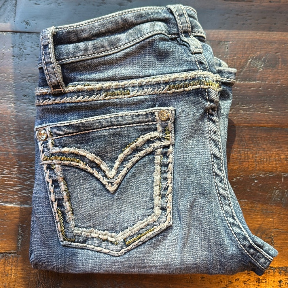 shyanne bootcut gem embellished studded mid wash cotton jeans 26 short flare